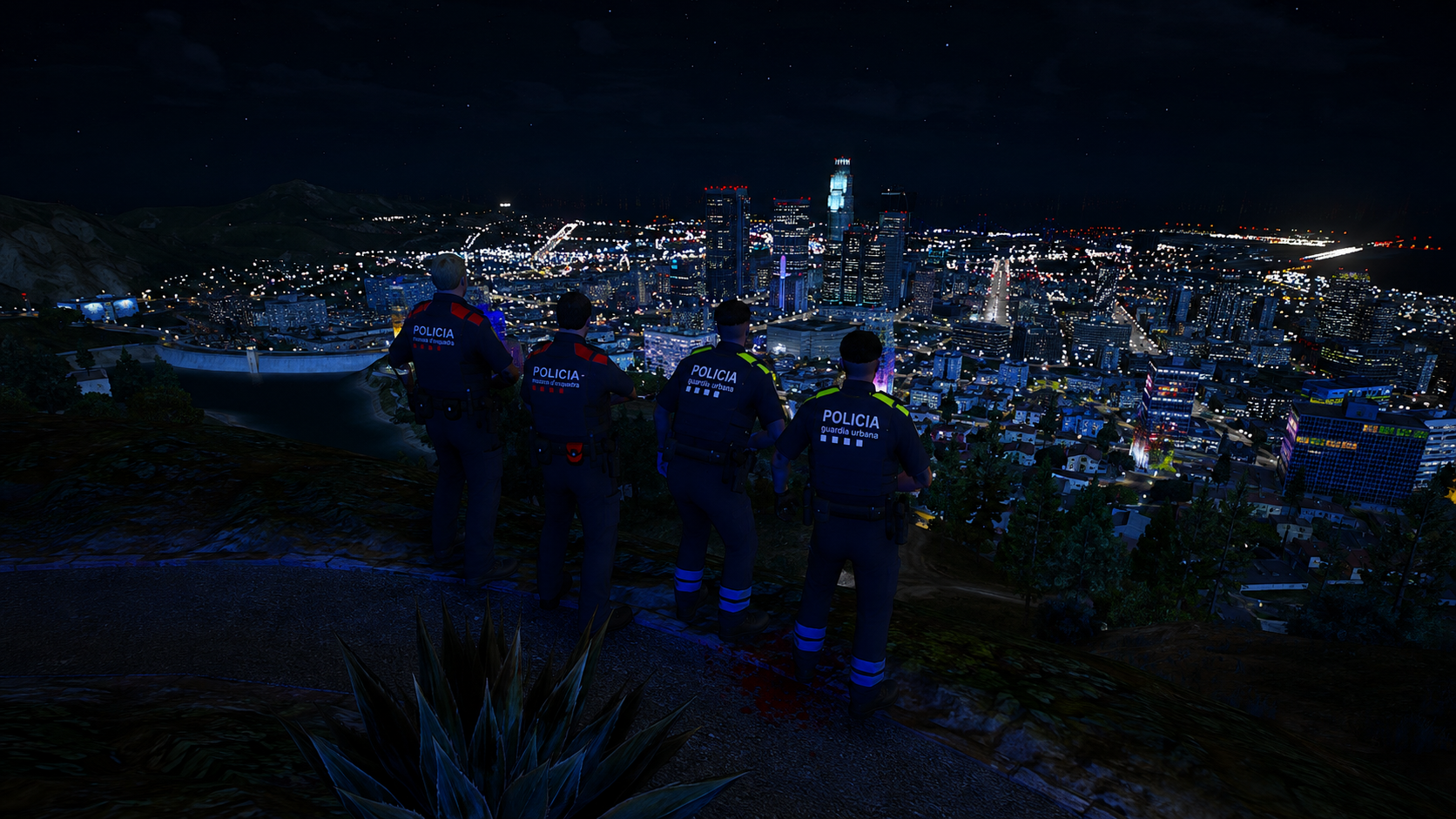 Panorámica nocturna de Llobregat PD con agentes de Mossos y Policia Local